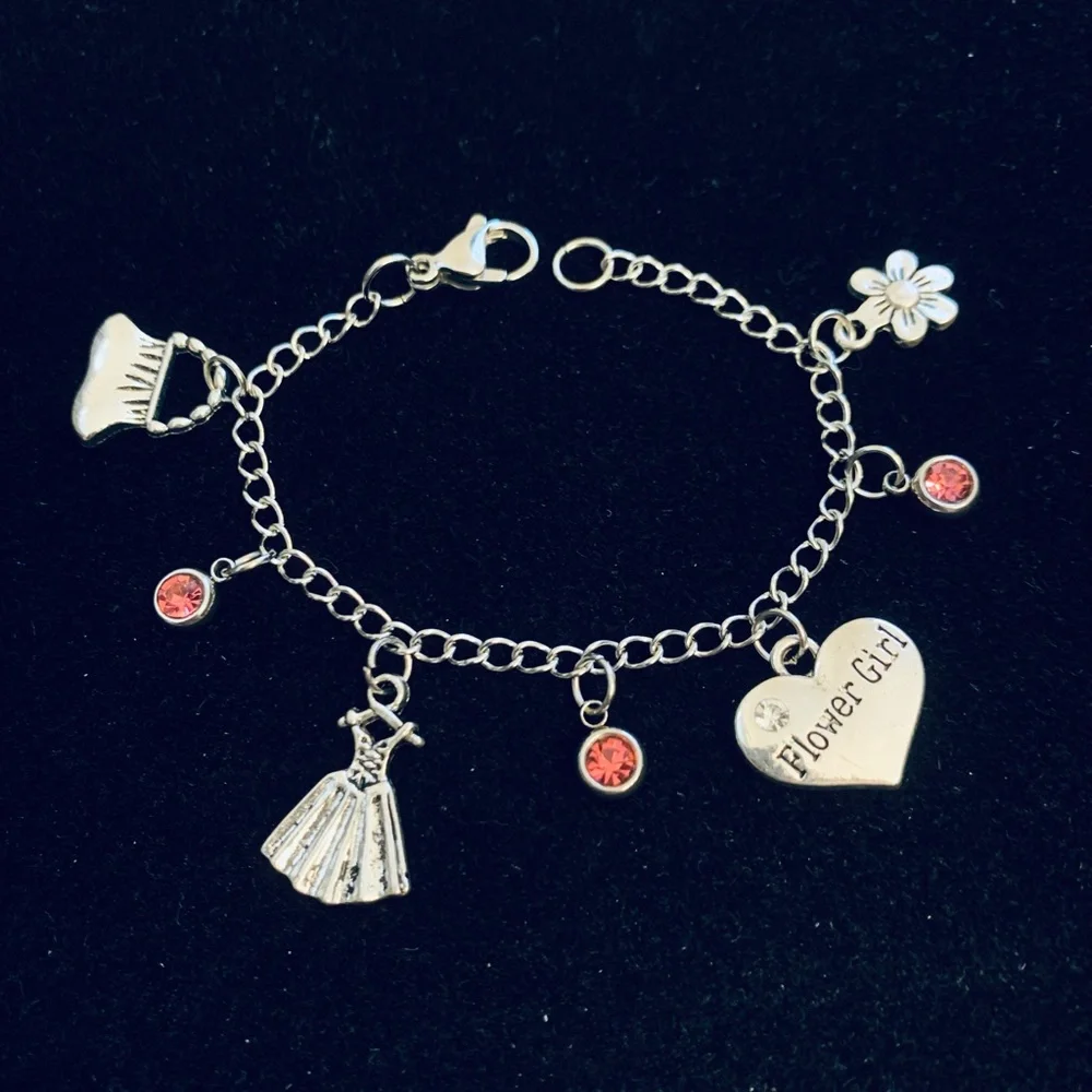 Flower Girl Charm Bracelet with pink rhinestone charms